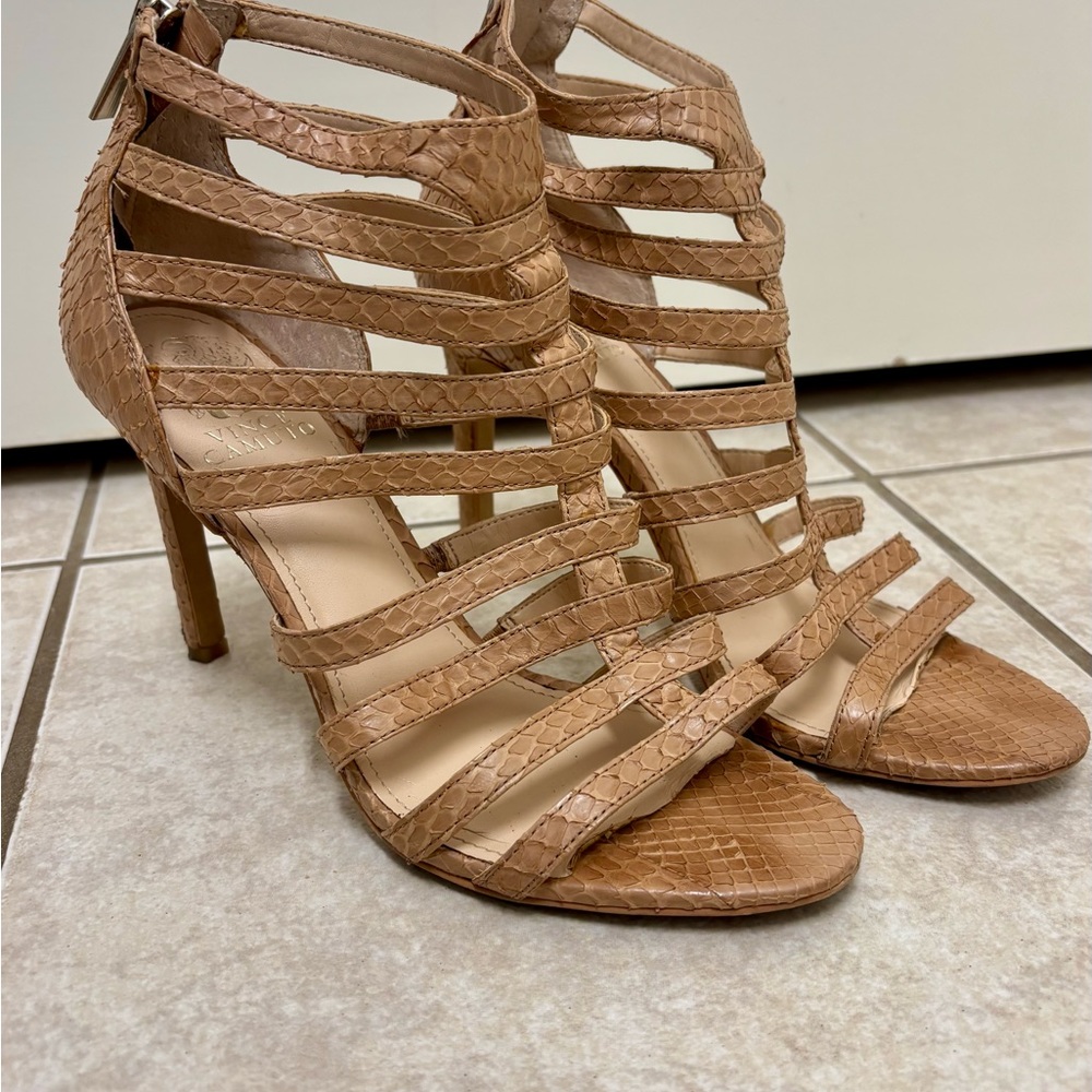 Tan Strappy Suede Heels